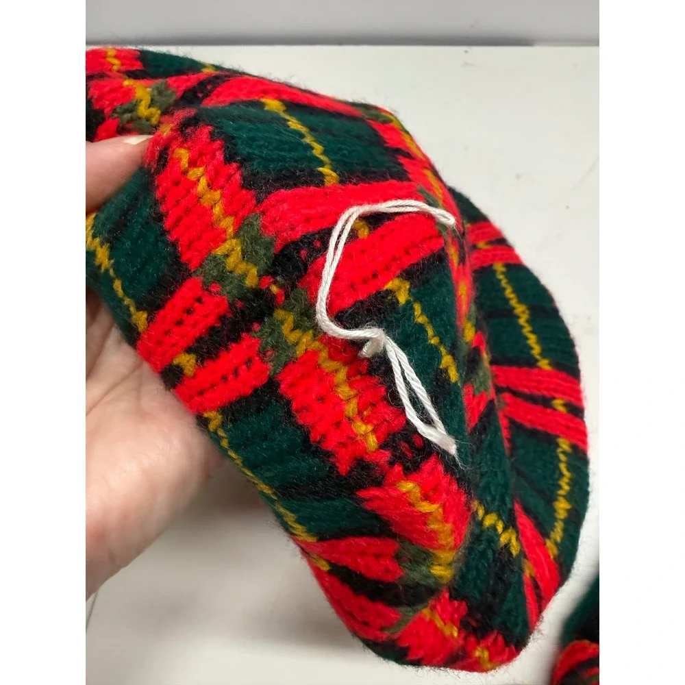 Vintage Stretch Knit Plaid Tam Hat and Scarf Set Red Green Yellow USA Made NOS